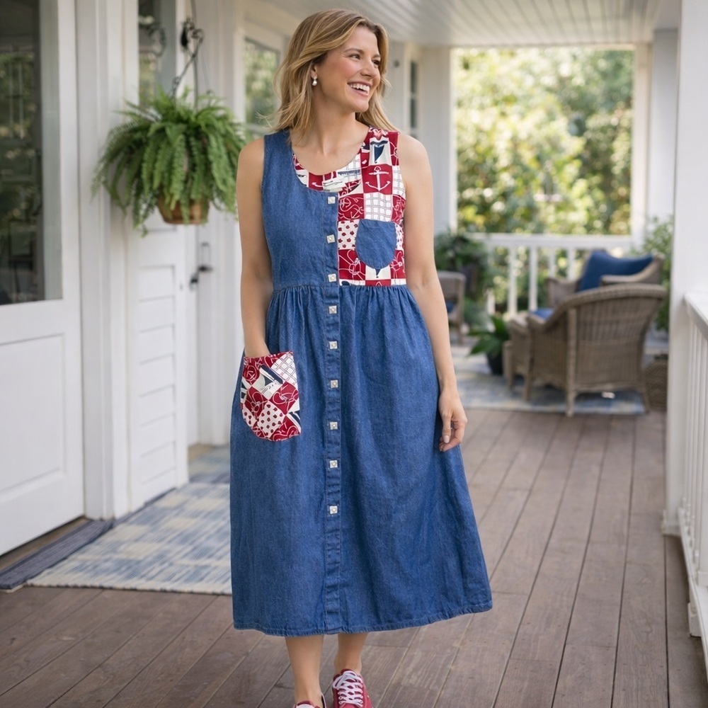VTG 70s Krist Gudnason Sleeveless Midi Dress Medium Nautical Theme Denim Pockets